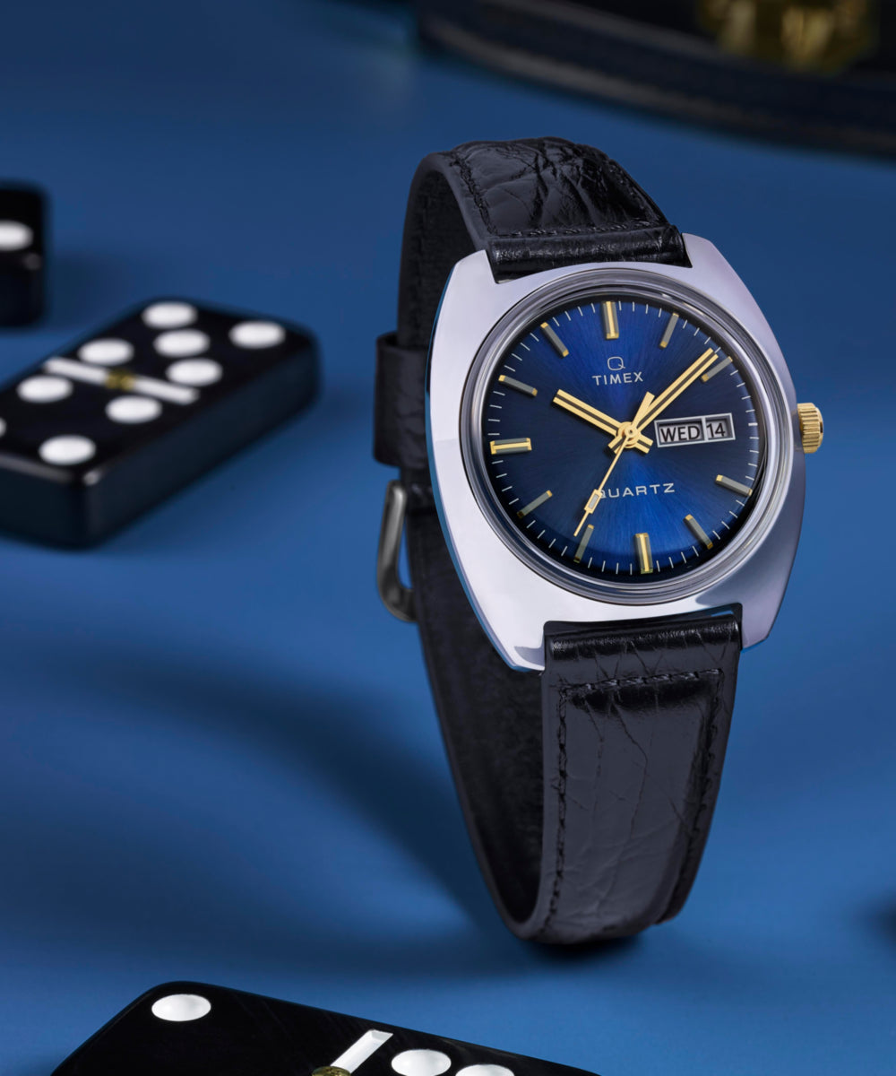 Q Timex 1978 Day/Date 37.5mm Leather Strap Watch